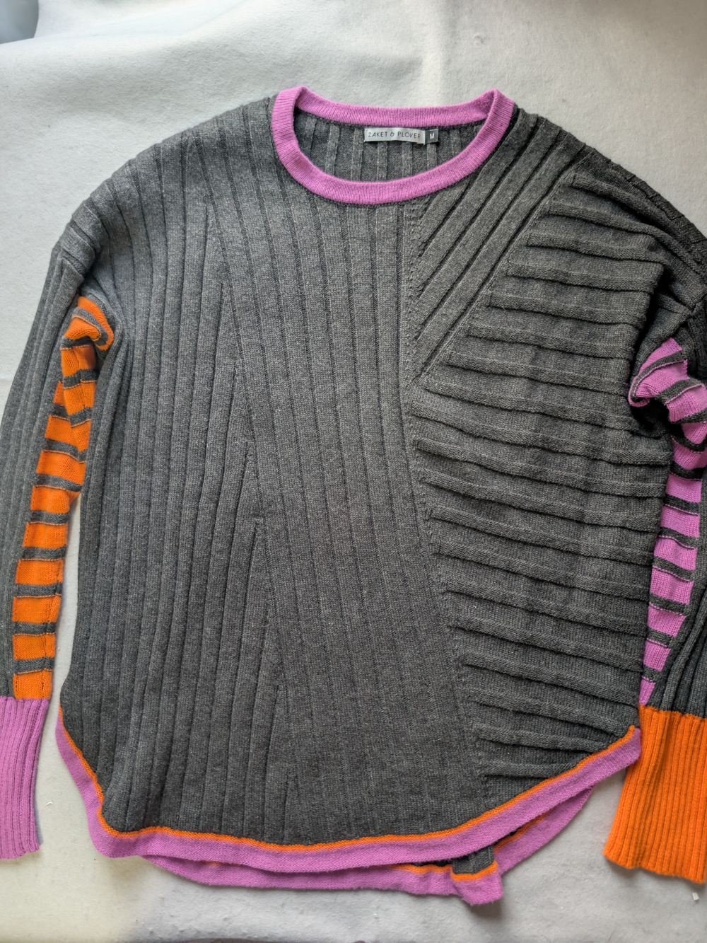 Zaket & Plover Cotton Cashmere Ribbed Colorblock Sweater Gray Purple Orange M